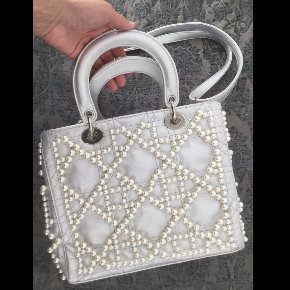 Silver W/ Pearls Cross Body Satchel Purse W/zipper